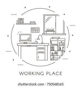 Comfortable Working Place in Thin Line Style. Collection include desktop, computer, calendar, shelves, bookcase and window. Flat vector illustration. 