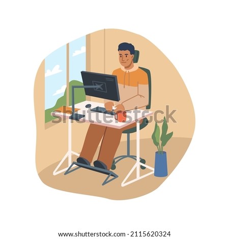 Comfortable working space at home or office, person sitting in chair and adjustable table with shelf for feet. Vector back muscles tension relief and footrest. Ergonomics desk. Flat cartoon character