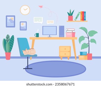 Comfortable working space at home vector illustration. Home office set-up with desk, computer, books and equipment for remote work or studies, cat on chair. Self-employment, decor concept