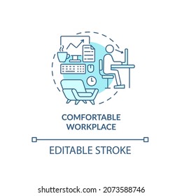 Comfortable Workplace Blue Concept Icon. Employee Perks Abstract Idea Thin Line Illustration. Workspace Environment. Work Benefits. Vector Isolated Outline Color Drawing. Editable Stroke