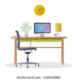 Comfortable workplace. Cartoon vector illustration. Office work. Workspace or coworking