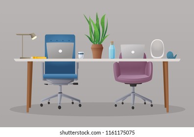 Comfortable workplace. Cartoon vector illustration. Office work. Workspace or coworking