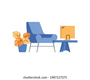 Comfortable workplace with chair and laptop on table, cartoon flat vector illustration isolated on white background. Coworking space organized place for work.