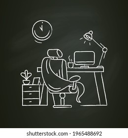 Comfortable workplace chalk icon.Home workspace. Working room with seat, desktop and computer. Freelancer workstation sign. Home interior concept. Isolated vector illustration on chalkboard