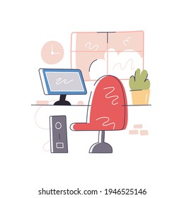 Comfortable workplace with computer near window vector illustration done with lines and colors isolated on white background