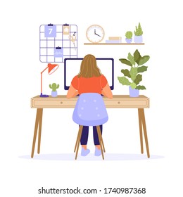 Comfortable workplace design illustration. Work at home or remote work concept. Freelance woman sitting at table and working on computer. Vector on white background.