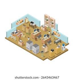 Cómodo lugar de trabajo isométrico ilustrado sobre fondo blanco