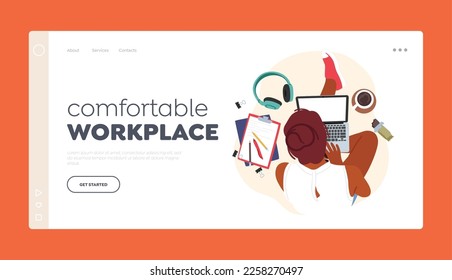 Comfortable Workplace Landing Page Template. Female Character Student or Freelancer Working or Studying on Laptop Top View. Young Woman Sit on Floor with Notebook. Cartoon People Vector Illustration