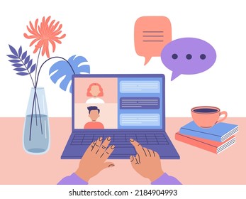 Comfortable workplace. Laptop, flowers, cup of coffee on desktop. Work online, trainings, education, virtual chatting. Hand drawn vector illustration isolated on background, modern flat cartoon style.