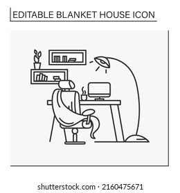 Comfortable workplace line icon.Home workspace. Working room with seat, desktop, floor lamp and computer. Cozy design. Blanket house concept. Isolated vector illustration.Editable stroke