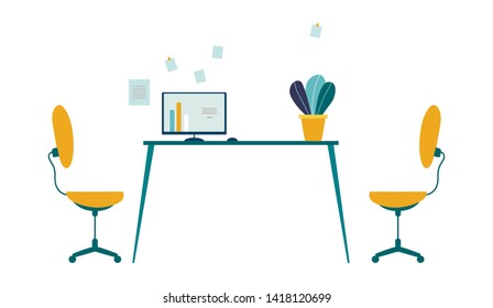 Comfortable Workplace in Modern Office Cartoon. Two Task Chairs, Table with Computer and Flower in Pot, Stickers on Wall. Optimum Workspace Organization for Work and Rest. Flat Vector Illustration