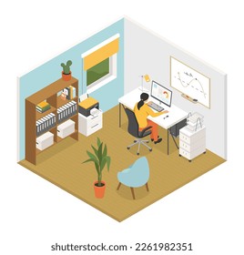 Comfortable workplace - modern vector colorful isometric illustration. A girl working at the computer online, sitting at the desk. Images of bookshelves, visual board. Home office decor, freelance