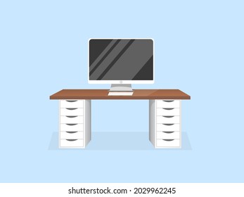 Comfortable workspace with a computer and a table on an isolated blue background for home office, cabinet, remote work, freelancing, teaching. Vector illustration in flat cartoon style.