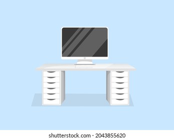 Comfortable workspace with a computer and a table on an isolated blue background for home office, cabinet, remote work, freelancing, teaching. Vector illustration in flat cartoon style.