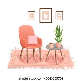 Comfortable workspace with a computer and a table on an isolated blue background for home office, cabinet, remote work, freelancing, teaching. Vector illustration in flat cartoon style.