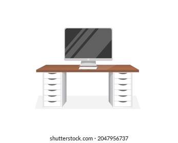 Comfortable workspace with a computer and a table on an isolated white background for home office, cabinet, remote work, freelancing, teaching. Vector illustration in flat cartoon style.