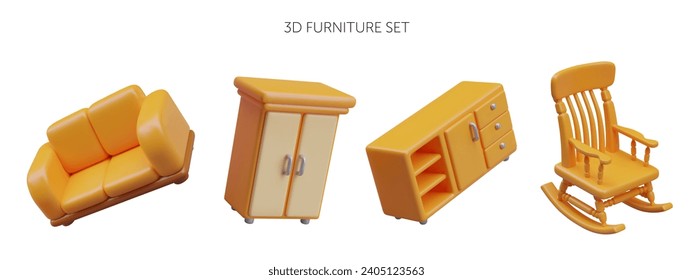 Comfortable yellow sofa, closet for clothes storage, rocking chair. Collection of different contemporary furniture on white background. Vector illustration in 3d style