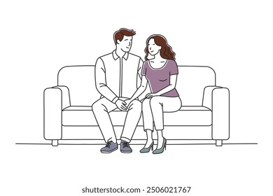 comfortably seated on a couch, sharing a moment of relaxation and companionship together doodle continuous line art vector illustration on white background.
