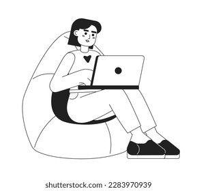 Comfortably working from home monochromatic flat vector character. Linear hand drawn sketch. Editable full body person. Simple black and white spot illustration for web graphic design and animation