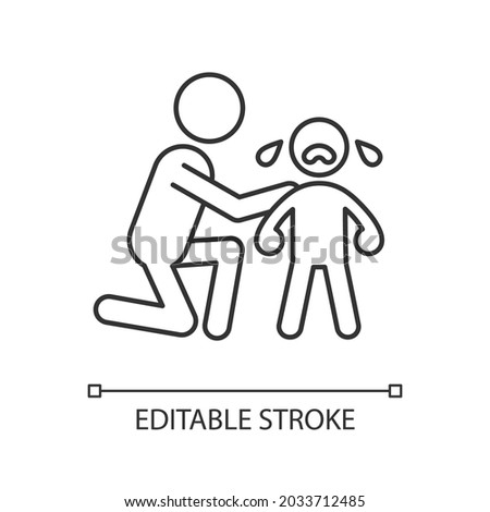 Comforting crying child linear icon. Cuddling and softly talking to kid. Show empathy. Thin line customizable illustration. Contour symbol. Vector isolated outline drawing. Editable stroke