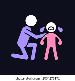 Comforting Crying Child RGB Color Icon For Dark Theme. Cuddling And Softly Talking To Kid. Showing Empathy. Isolated Vector Illustration On Night Mode Background. Simple Filled Line Drawing On Black