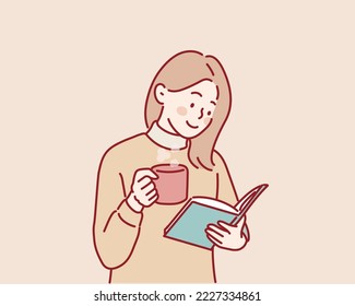 comforting happy cozy woman in knitted winter white warm sweater drinks a cup of hot cocoa during reading favorite book. Hand drawn style vector design illustrations.