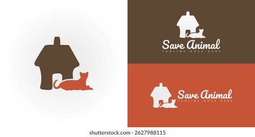 The comforting image features a stylized cat calmly resting next to its safe shelter. The simple outline of a house-like cage in warm brown conveys a sense of security and home.