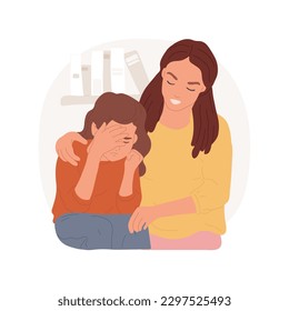 Confortable ilustración de vector de dibujos animados aislados. Madre e hija sentadas en el sofá, abrazando a mamá compasiva, padre calmando a niño, problemas y lágrimas adolescentes, personas comunicando dibujos vectores de dibujos animados.