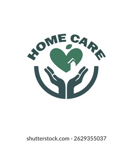 A comforting logo design featuring stylized hands gently cradling a green heart containing a small house and leaf, encircled by the text "HOME CARE" at the top.