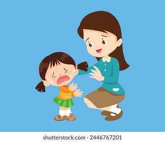 Comforting sad children crying with parent or teacher