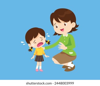 Comforting sad children crying with parent or teacher