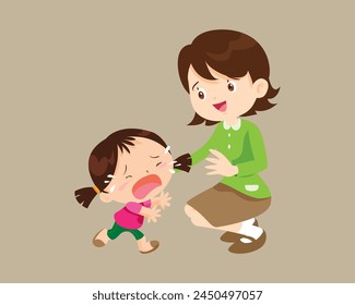 Comforting sad children crying with parent or teacher