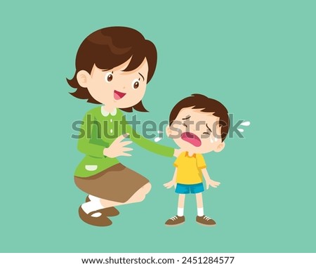 Comforting sad children crying with parent or teacher