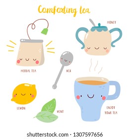 Comforting Tea - vector drawing. Cute illustration of a Tea recipe. Food characters.