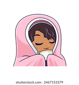 Comfy african american gamer girl in blanket chibi vector illustration