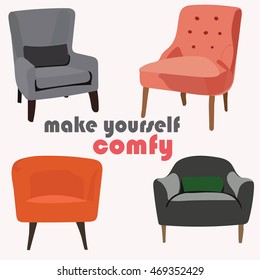 comfy armchairs collection set vector. mid century modern 1950 1960 illustration.