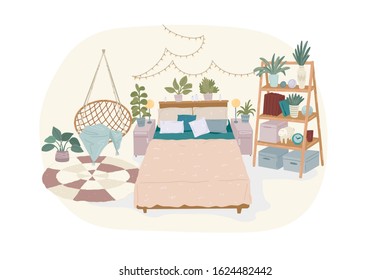 Comfy Bedroom With Bed, Hanging Chair And Potted Plants. Cozy Interior Design In Scandinavian Style. Loft Space. Apartment Furnished In Trendy Hygge Style. Flat Cartoon Vector Illustration