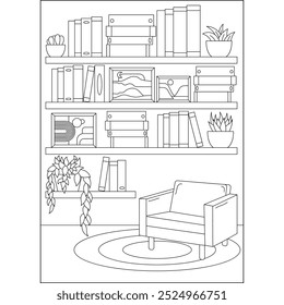 página de livro de coloração de estilo mínimo comfy bookshelf para crianças e adultos de coloração criativa de atenção à atividade de relaxamento