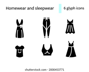 Comfy clothes glyph icons set. Homewear and sleepwear. Comfortable tissue. Sports bra, pants. Domestic dress. Black filled symbols collection. Isolated vector stock illustration