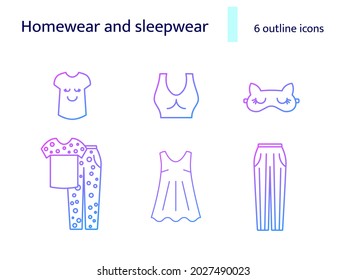 Comfy clothes outline icons set. Homewear and sleepwear. Comfortable tissue. Domestic dress. Purple gradient symbols collection. Isolated vector stock illustration