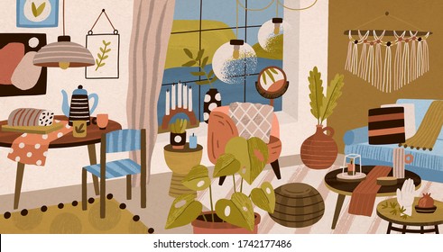 Comfy colorful hand drawn living room interior vector illustration. Trendy decoration furnishing of domestic indoor design. Cozy decoration of modern apartment with big window