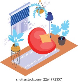 Comfy Couch Bowl, floor lamp and houseplant isometric concept, Bright comfortable Chair vector icon design, Green Office symbol Eco Friendly Workspace sign Modern furnishing element stock illustration