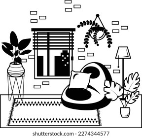 Comfy Couch Bowl, floor lamp and houseplant concept, Bright comfortable Chair vector icon design, Serviced Office symbol, comfortable workspace sign, Activity based environments stock illustration