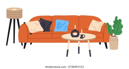 Comfy couch and coffee table. Cartoon living room interior, minimalist home decor flat vector illustration. Trendy contemporary interior