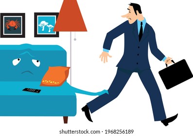 Comfy couch holding a reluctant man who is going to work after lockdown, EPS 8 vector illustration