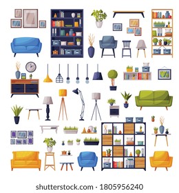 Comfy Furniture and Home Decor Collection, Cozy Modern Home Apartment Interior Design Vector Illustration