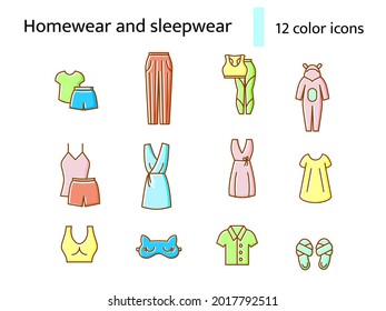 Comfy garment flat icons set. Homewear and sleepwear. Comfortable clothes. Bathrobe, domestic dress. Slippers, sleep mask. Color filled symbol. Isolated vector stock illustration