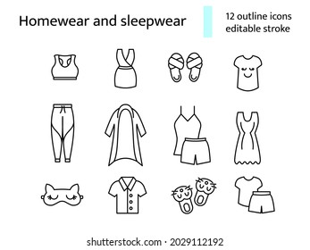Comfy garment outline icons set. Homewear and sleepwear. Comfortable clothes. Bathrobe, domestic dress. Customizable linear contour symbols collection. Editable stroke. Isolated vector illustration