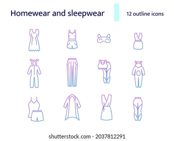 Comfy garment outline icons set. Homewear and sleepwear. Comfortable clothes. Bathrobe, domestic dress. Purple gradient symbols collection. Isolated vector illustration