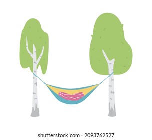 Comfy hammock between birch trees, flat vector illustration isolated on white background. Fabric garden furniture with pillow to relax in nature.